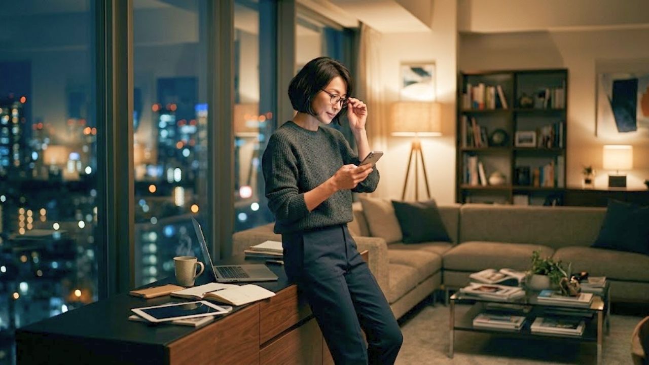 夜の洗練された自宅のリビングで、健康的で明るい美しい40代シングルマザーが、複雑で思索にふける表情でスマホを見ているシーン。孤独と向き合い、感情を見極めている。