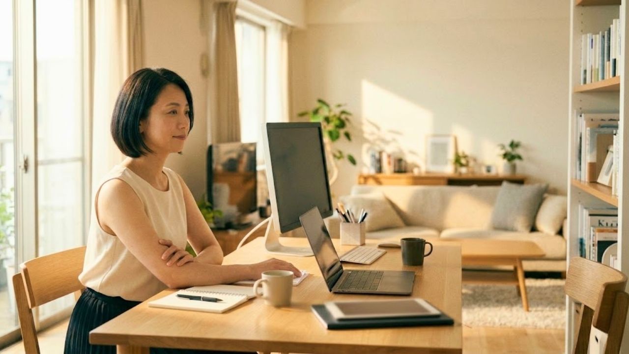 健康的で明るい美しい40代シングルマザーが、自宅で考え事をしていいる。これからしようとしている自分の行動が正しいのか間違っているのか、迷っている様子。