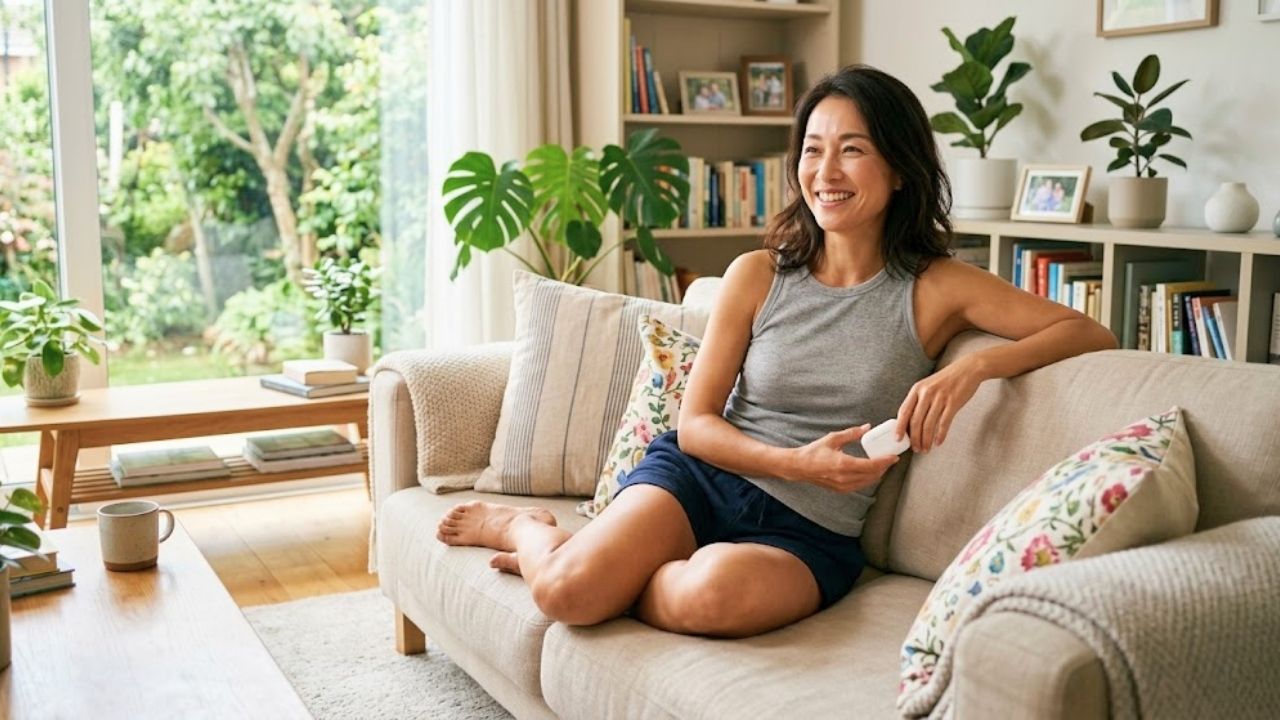健康的で明るいシングルマザーが部屋着姿でソファーでリラックスしている。手元にはワイヤレスイヤホンケースのような白いものを持ち、優しく微笑んでいる。