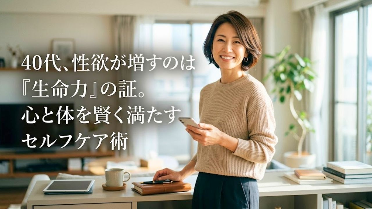 陽の光が差し込む洗練された自宅のリビングで、健康的で明るい美しい40代シングルマザーが、前向きで自信に満ちた笑顔で振り返っているアイキャッチ画像。テキスト「40代、性欲が増すのは『生命力』の証。心と体を賢く満たすセルフケア術」あり。テキスト「性欲増加は生命力の証」あり。