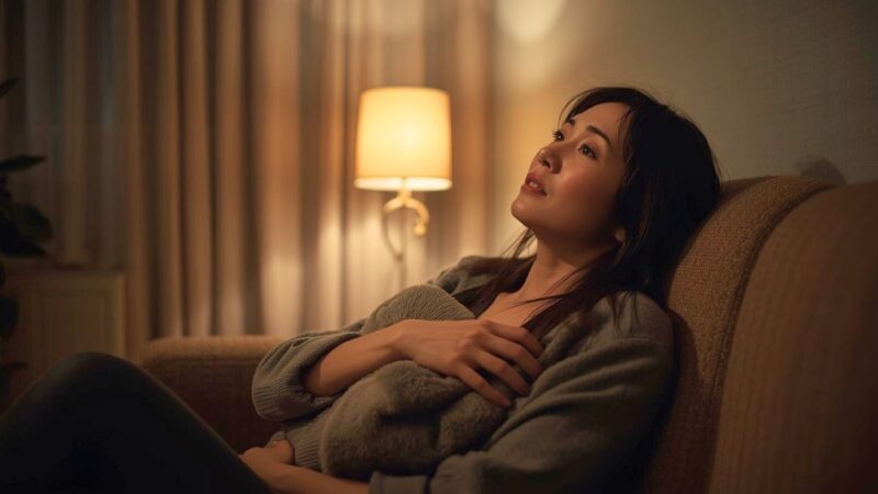 夜のリビングで一人、クッションを抱きしめて顔を赤らめ、湧き上がる感情を我慢している40代のシングルマザーの姿。孤独感と、抑圧から解放された衝動が入り混じった複雑な心境。