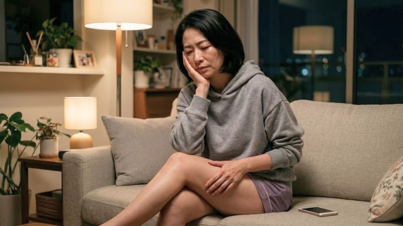 夜、薄暗いリビングルームのソファに座っている50代の卒母したシングルマザー。彼女は短めの黒髪で、グレーのパーカーと紫色のショートパンツを着用している。彼女はソファの端に座り、足を組んでいる。憂鬱または思慮深い表情で、左手で頬を支え、右手は左足の太ももに置いている。彼女の後ろには温かい光を放つ背の高いフロアランプがあり、棚には観葉植物が並んでいる。大きな窓からは遠くの街の夜景が見える。彼女の隣のソファにはスマートフォンが置かれている。全体の雰囲気は静かで、少し孤独で、リラックスしている。