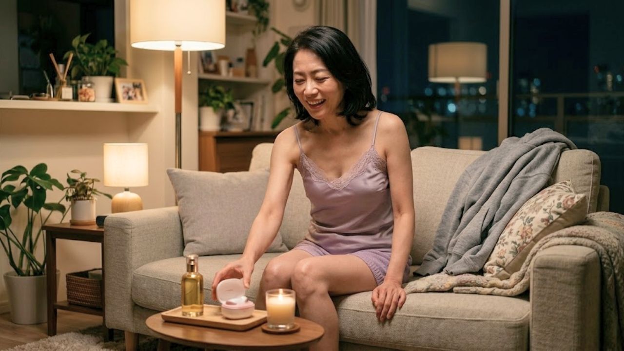 夜の温かい間接照明に照らされたリビングで、ソファに座り、期待に満ちた笑顔を見せる50代の卒母したシングルマザー。彼女はラベンダー色のレースキャミソールとショートパンツを着用しており、隣には脱ぎ捨てられたグレーのパーカーが置かれている。手前のコーヒーテーブルには、火の灯ったキャンドル、オイルボトル、そして小さな白いデバイスケースがトレーに載っており、彼女はこれから始まる自分だけの時間にわくわくした表情でケースに手を伸ばしている。背景には観葉植物や夜景が見える窓があり、居心地の良い贅沢なセルフケアのひとときを感じさせる。
