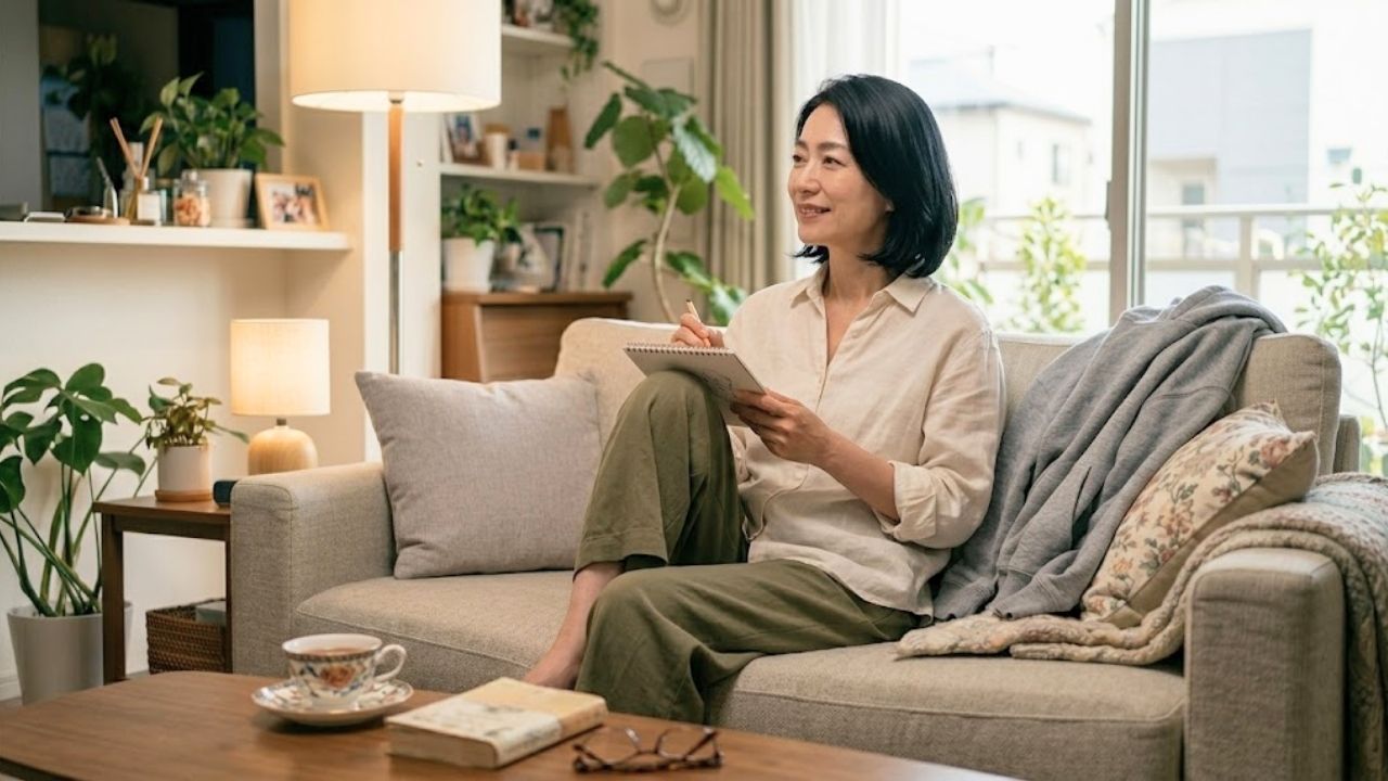明るく、日当たりの良いリビングルームで、グレーのソファに座る卒母した50代シングルマザー。白いシャツとオリーブグリーンのパンツを着用し、膝の上にノートとペンを置いて、窓の外を見て微笑んでいる。手前のコーヒーテーブルには、花柄のティーカップ、古びたハードカバーの本、眼鏡が置かれている。ソファの端には、前のシーンから引き続きグレーのパーカーが掛かったままで、背景には観葉植物と昼の風景が見える。平和で独立した日常のひととき。
