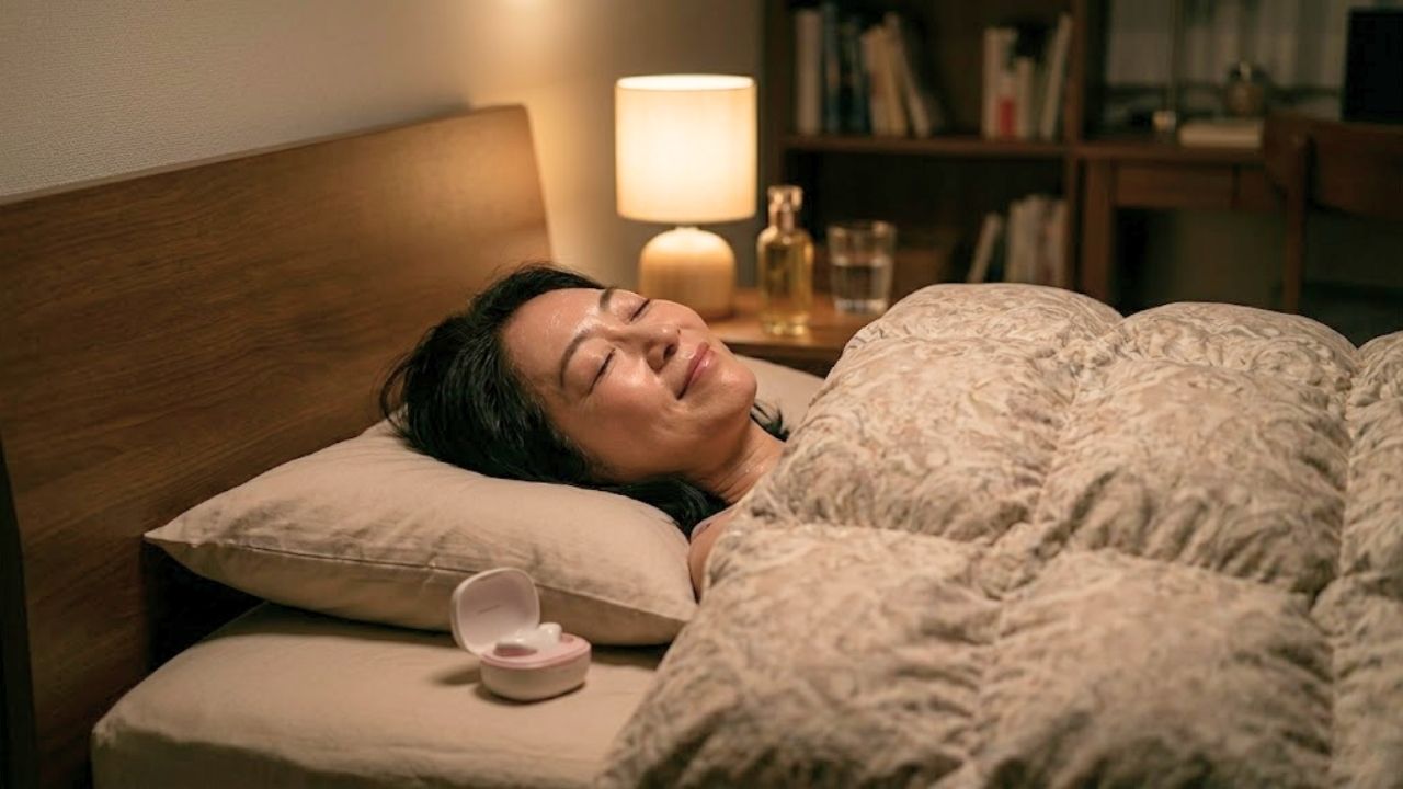 夜の寝室で、厚手の掛け布団に首まで包まり、目を閉じて至福の表情を浮かべる卒母した50代シングルマザー。彼女の額や首筋はしっとりと汗ばみ、深い充足感と快感に浸っている様子が表情から伝わってくる。枕元には蓋の開いた白いワイヤレスイヤホン風のケースが置かれており、背景のナイトテーブルには暖かい光を放つランプ、オイルボトル、水の入ったグラスが置かれている。プライベートで臨場感のある、至福のセルフケアの瞬間。