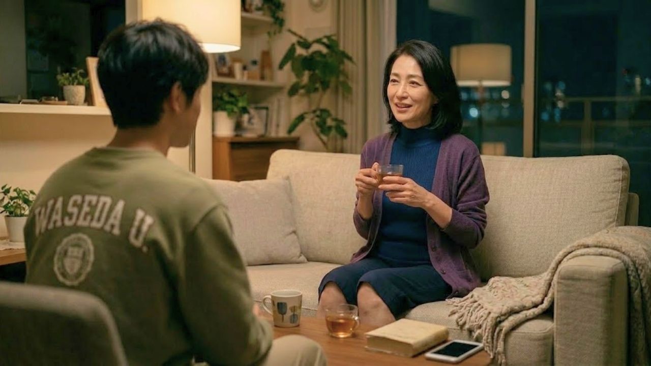 夜の居心地の良いリビングルームで、親子がコーヒーテーブルを挟んで向かい合い、リラックスして会話をしている。前景には後ろ姿の息子が座っている。向かいのソファには卒母したシングルマザーが座り、微笑みながら小さなガラスのティーカップを持っている。2人の間の木製コーヒーテーブルには、ティーカップ、マグカップ、本、スマートフォンが置かれている。背景には、温かいフロアランプ、観葉植物、そして窓の外に広がる街の夜景が見える。