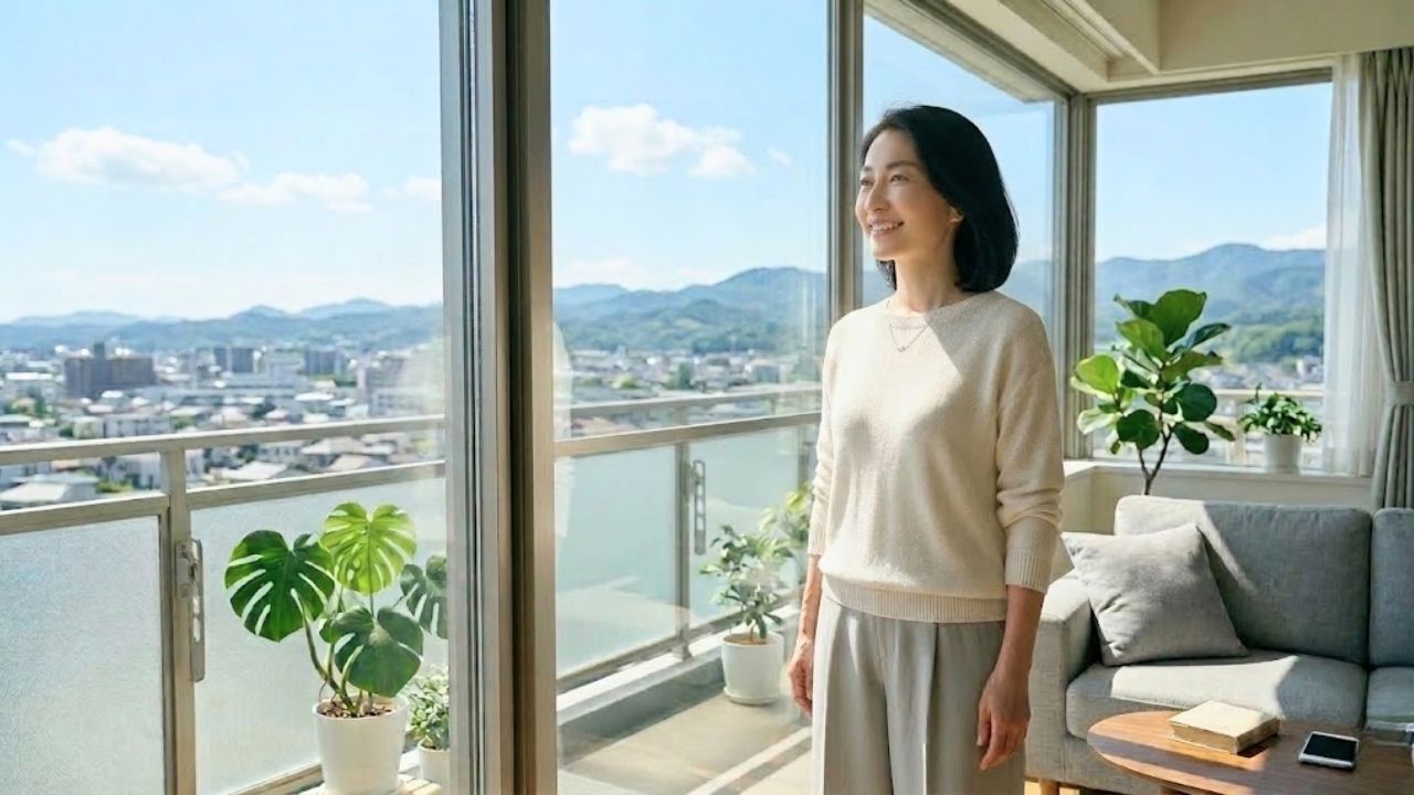晴れ渡る昼下がり、自宅の大きな窓から外を眺めて微笑む50代のシングルマザー。悩みから解放されたような晴れ晴れとした表情で、遠くの街並みと青々とした山々を見つめている。室内は陽光が差し込む明るいリビングで、モンステラの鉢植えやグレーのソファが置かれた、穏やかで自由な「卒母」後の新しい人生を象徴するような一枚。