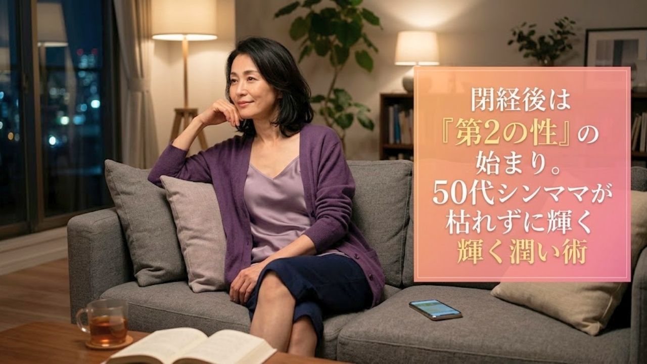 夜の静かなリビングで、ソファーに座り物憂げな表情を浮かべる50代の卒母したシングルマザー。彼女はラベンダー色のシルクキャミソールと紫のカーディガンを身にまとい、頬杖をついて窓の外をじっと見つめている。手前のテーブルには開いた本と温かい飲み物があり、傍らにはスマートフォンが置かれている。右側の淡いピンクのグラデーションの枠内には、以下のテキストが配置されている。 閉経後は『第2の性』の始まり。50代シンママが枯れずに輝く輝く潤い術