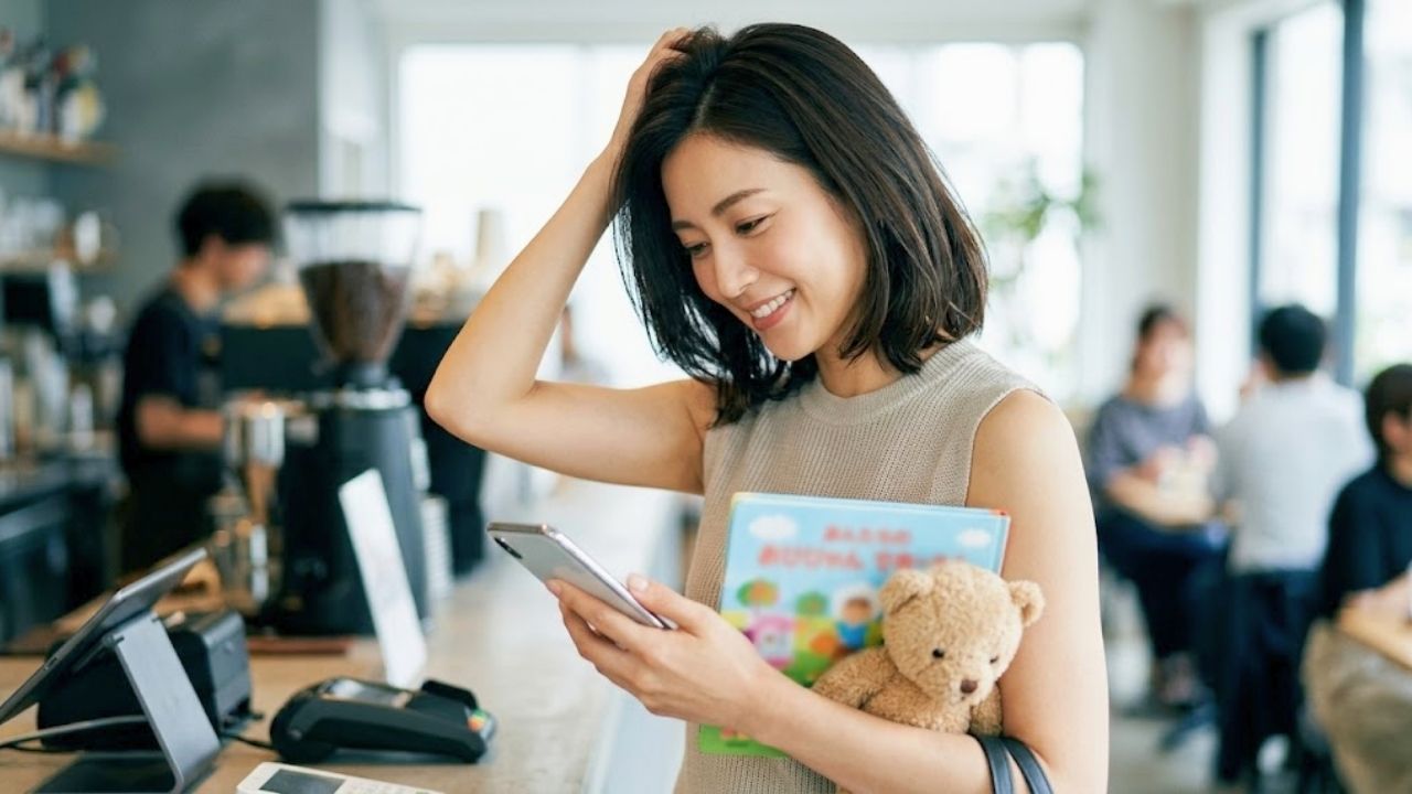 陽の光が降り注ぐカフェの窓際で、落ち着いた色のブラウスを着た洗練された魅力のある20代後半のシングルマザー（以前の記事とは異なるモデル）が、会計の瞬間に、彼氏の手だけが写っている彼に支払う意志を見せながら、髪をかき上げる仕草できれいなわきの下が自然に見えているシーン。 Organizedな子ども用品（Organized Children's Items）が背景に配置されている。