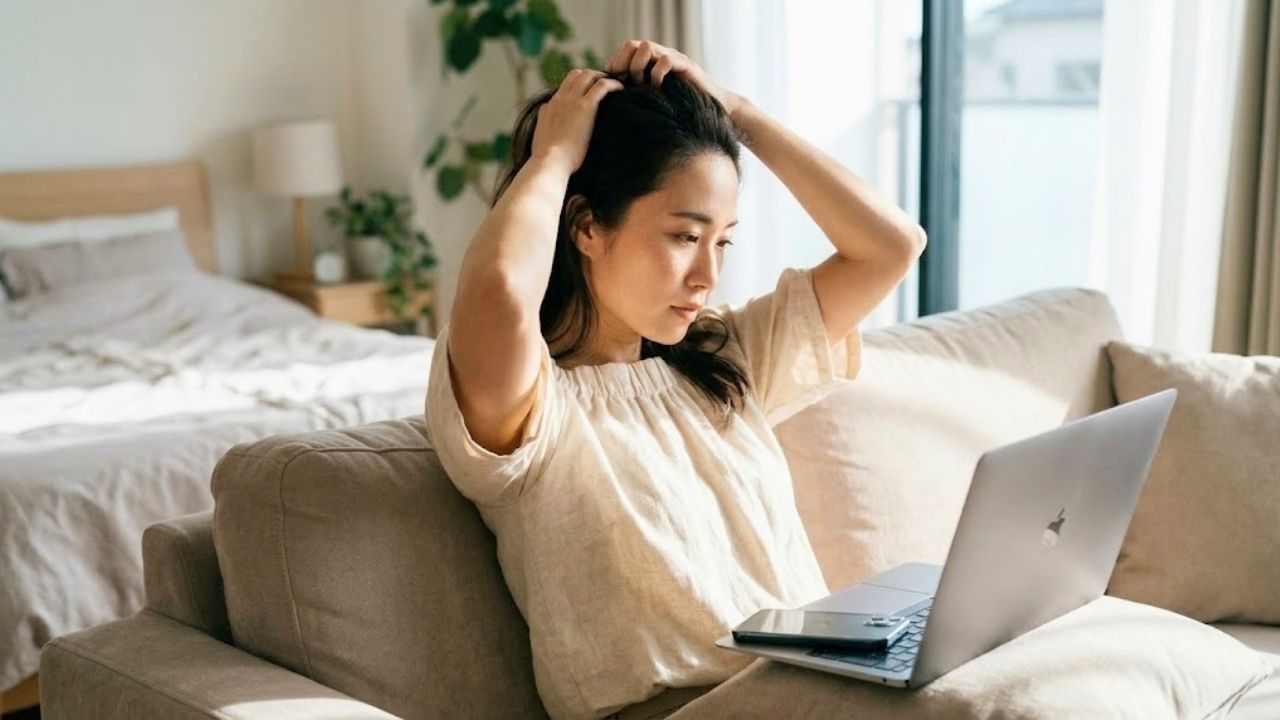 陽の光が降り注ぐ自宅のリビングで、落ち着いた色のブラウスを着た洗練された魅力のある20代後半のシングルマザー（以前の記事とは異なるモデル）が、夜、家計簿と電卓、スマートフォンを戦略的に使いこなし、知的でしなやかな（resilient）笑顔を浮かべているシーン。