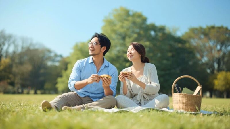 公園で手作りサンドイッチを食べながら、幸せそうに笑い合うカップル。お金をかけないデートの象徴。
