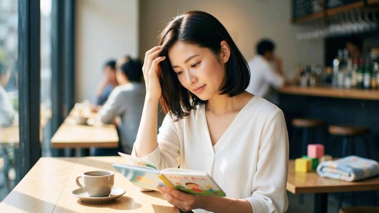 陽の光が降り注ぐカフェの窓際で、落ち着いた色のブラウスを着た洗練された魅力のある20代後半のシングルマザー（以前の記事とは異なるモデル）が、会計の瞬間に、彼氏の手だけが写っている彼に支払う意志を見せながら、髪をかき上げる仕草