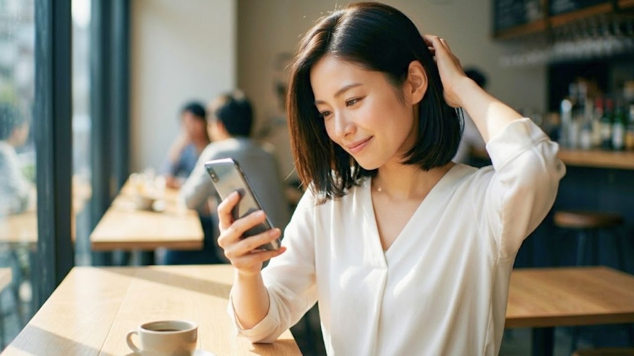 陽の光が降り注ぐカフェの窓際で、落ち着いた色のブラウスを着た洗練された魅力のある20代後半のシングルマザー（以前の記事とは異なるモデル）が、スマートフォンを操作しながら、髪をかき上げる仕草