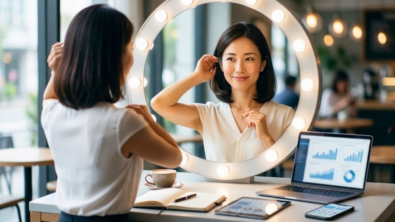 陽の光が降り注ぐ自宅のリビングで、落ち着いた色のブラウスを着た洗練された魅力のある20代後半のシングルマザー