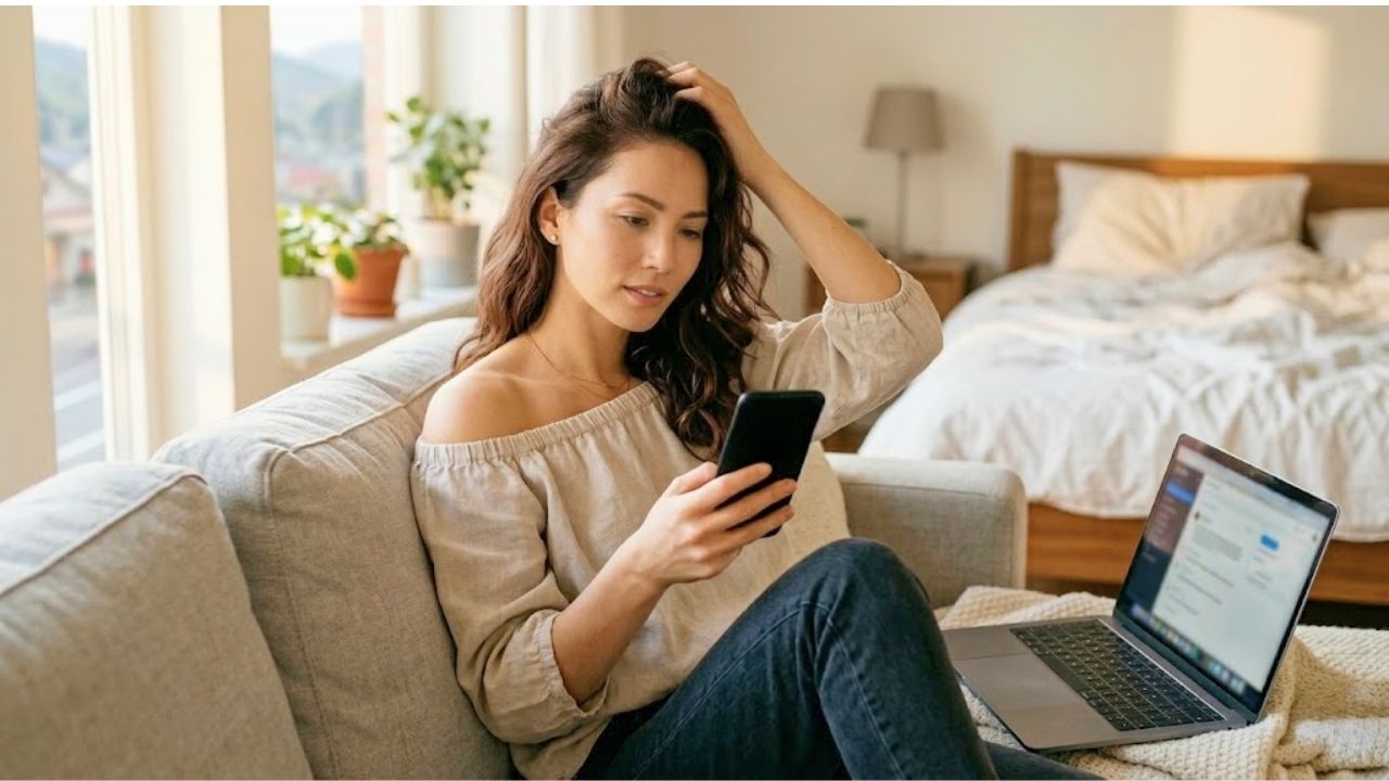 陽の光が降り注ぐ自宅のリビングで、落ち着いた色のブラウスを着た洗練された魅力のある20代後半のシングルマザー