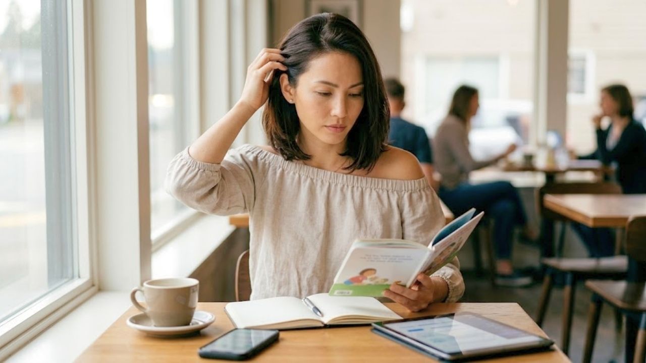 陽の光が降り注ぐカフェの窓際で、落ち着いた色のブラウスを着た洗練された魅力のある20代後半のシングルマザー