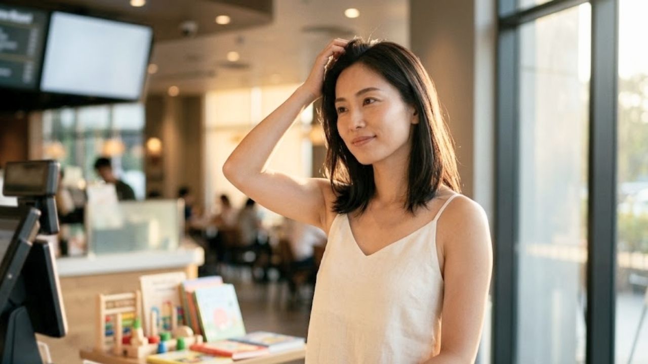 暖かく柔らかな光が差し込む飲食店の出口付近で、落ち着いた色のノースリーブトップを着た健康的で美しい20代後半のシングルマザー