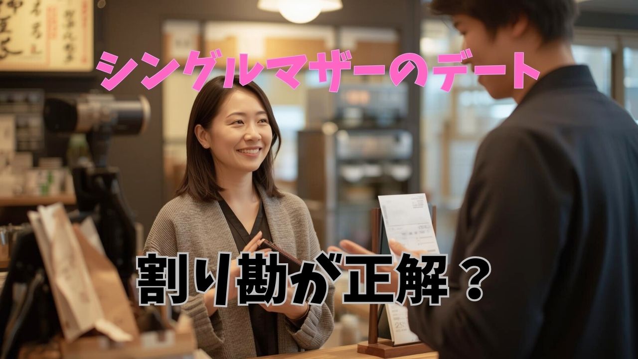 会計で財布を出し、笑顔で支払う意思を見せるシングルマザーと彼氏。