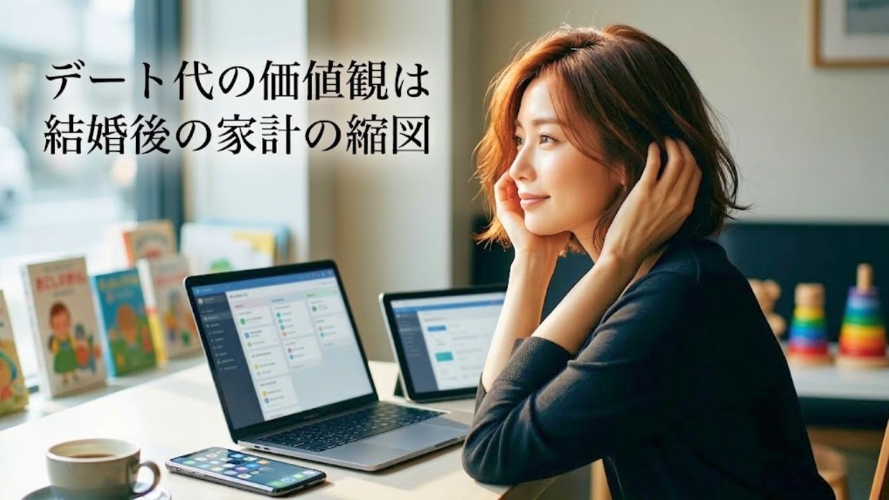 陽の光が降り注ぐカフェの窓際で、落ち着いた色のブラウスを着た洗練された魅力のある20代後半のシングルマザー（以前の記事とは異なるモデル）が、膝の上のスマートフォンやデスクのノートパソコン、タブレットを戦略的に使いこなし、知的で至福に満ちた笑顔を浮かべているアイキャッチ画像。きれいなわきの下が自然に見える仕草。焦らず、自分のペースで出会いのチャンスを最大化し、幸せな未来を描いている様子。