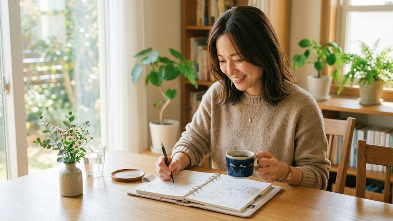明るいダイニングテーブルで、コーヒーを飲みながら手帳やカレンダーを広げ、自分の体力やペースに合わせて無理のないお出かけのスケジュールを前向きに立てている30代シングルマザーの姿。