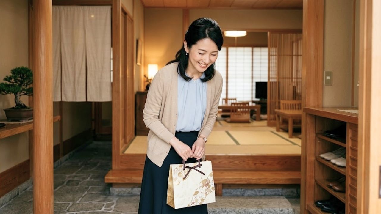 実家の玄関先で、親の好きなお菓子が入った手土産の紙袋を両手で丁寧に差し出し、笑顔で感謝を伝えながらお出かけの相談をしている、きちんとした服装の30代シングルマザーの姿。