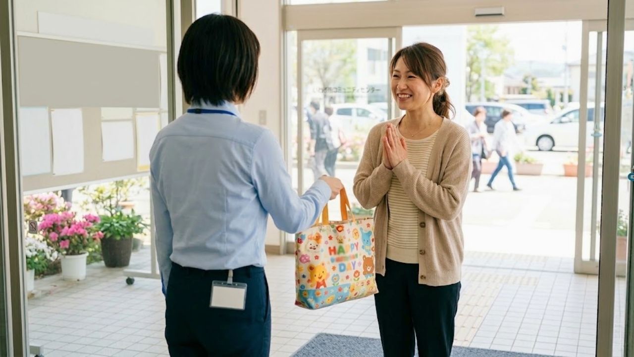 地域のサポートセンターやシッターさん（後ろ姿）に子どものお出かけ用トートバッグを渡し、胸の前で手を合わせながら、安堵の表情で深く感謝の気持ちを伝えている30代シングルマザーの姿。