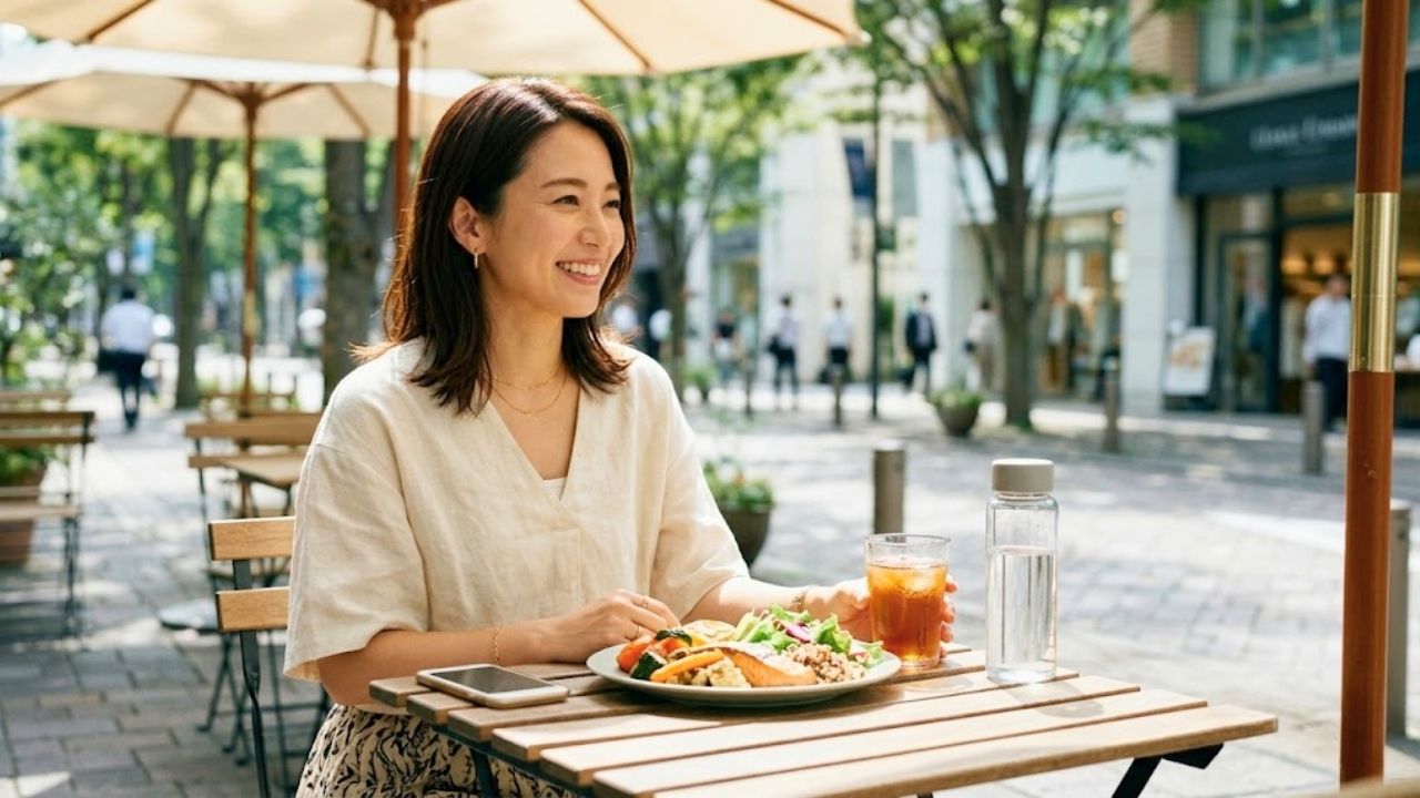 子どもが学校に行っている平日の昼間、有給を使っておしゃれなカフェでランチデートを楽しんでいる30代シングルマザー。罪悪感から解放され、心からリフレッシュした明るい笑顔を見せている。