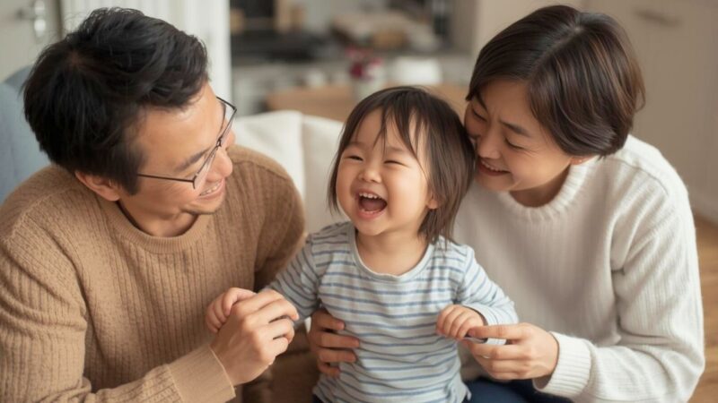 祖父母と遊び楽しそうな女の子。祖父母も幸せそうなシーン