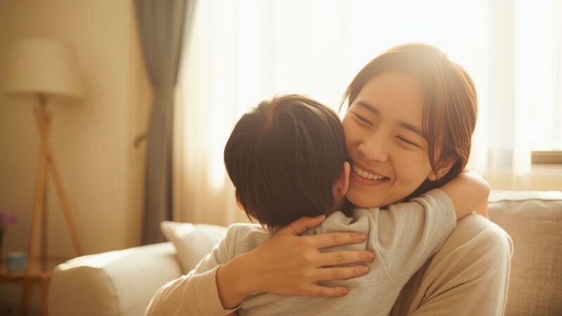 リフレッシュして心からの笑顔で子どもを抱きしめるシングルマザー。ママの幸せが子どもの安心感に繋がっているイメージ。