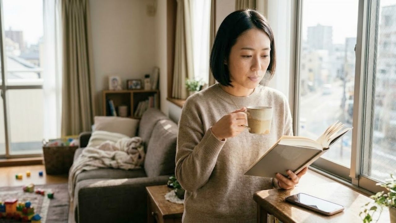 自宅でコーヒーを飲みながら読書し、リラックスした様子のシングルマザー。