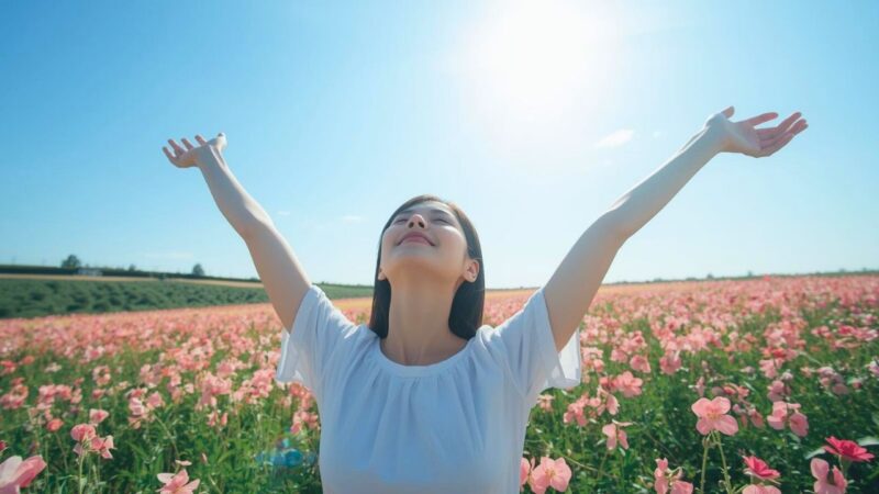 青空の下、花畑に立つシングルマザーが腕を伸ばし、深呼吸をしている。彼女はリフレッシュし、新たなスタートを切る準備ができている