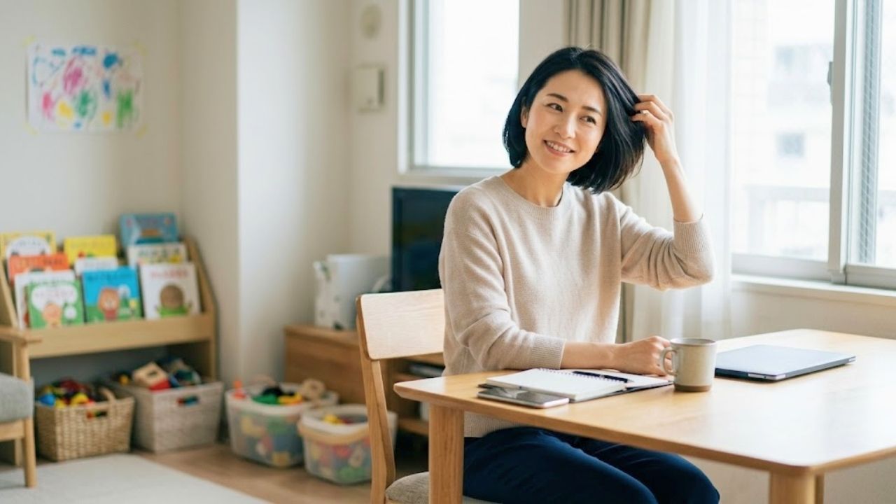 自宅でリラックスしているシングルマザー。
