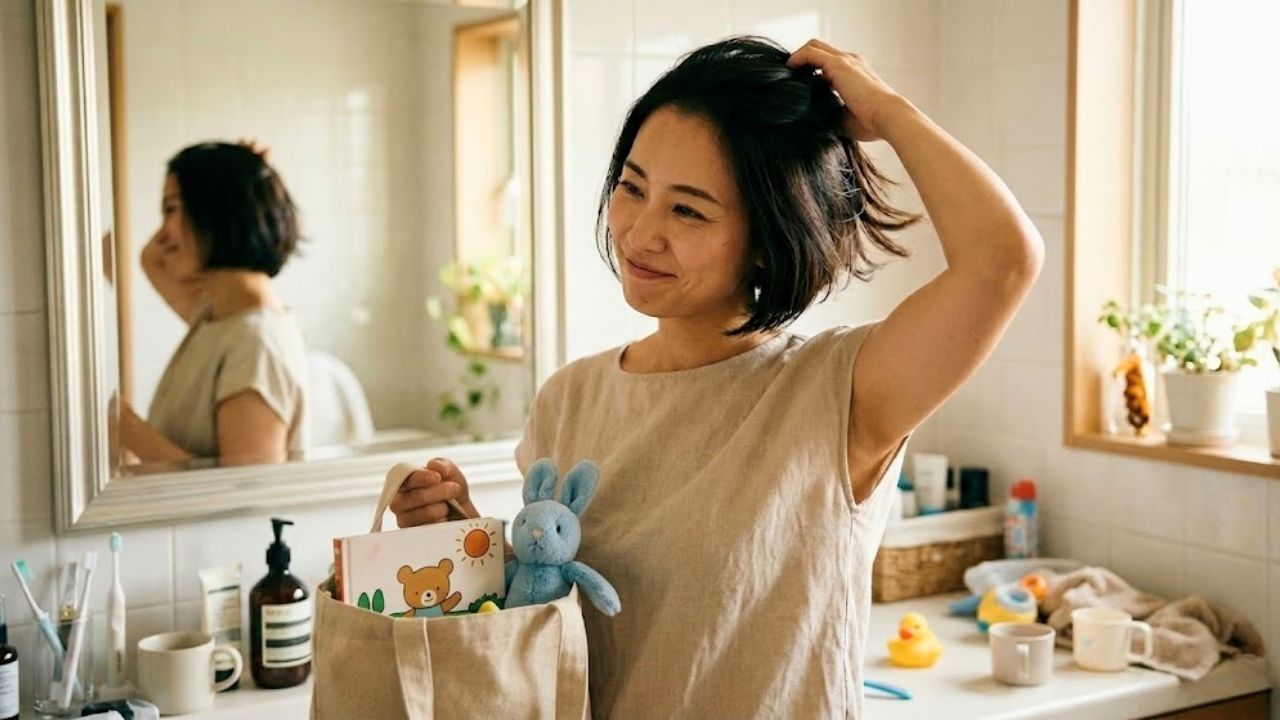 自宅の明るい洗面台の前で、健康的で明るい30代シングルマザーが、絵本を手に持ち、鏡を見ながら髪を整えている。