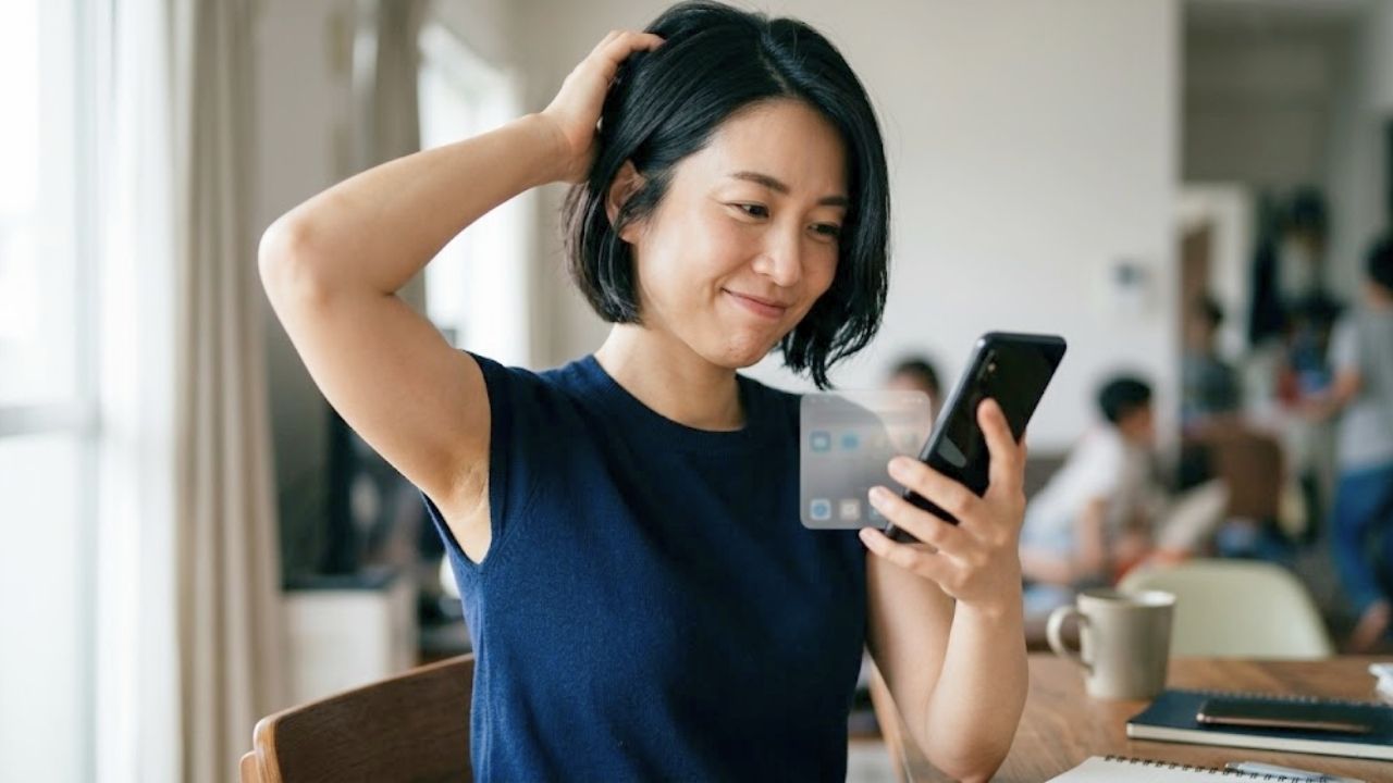 紺色のノースリーブニットを着たショートヘアのシングルマザーが、木目のテーブルに座り、スマートフォンを操作している。彼女は右手で頭をかきながら、スマートフォン画面を見て微笑んでいる。スマートフォンの画面近くには、半透明のホログラフィックなアイコンウィジェットが浮かんで表示されている。テーブルの上にはノート、ペン、コーヒーカップが置かれ、背景はぼかされたリビングルームで、他の人物が写っている。