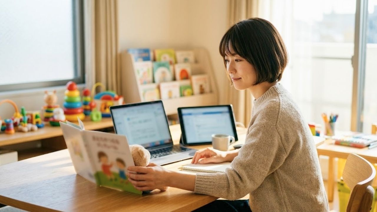 自然光が差し込む明るい室内で、木製のテーブルに向かって座るクリーム色のニットセーターを着たシングルマザー。彼女は、画面がオンになったノートパソコンとタブレットの前で、左手で小さなクマのぬいぐるみを抱えながら絵本を支え、右手は開いたノートブックの近くに置いている。背景には、積み木や絵本が並んだ子供用の棚と、バルコニーが見える大きな窓がある。