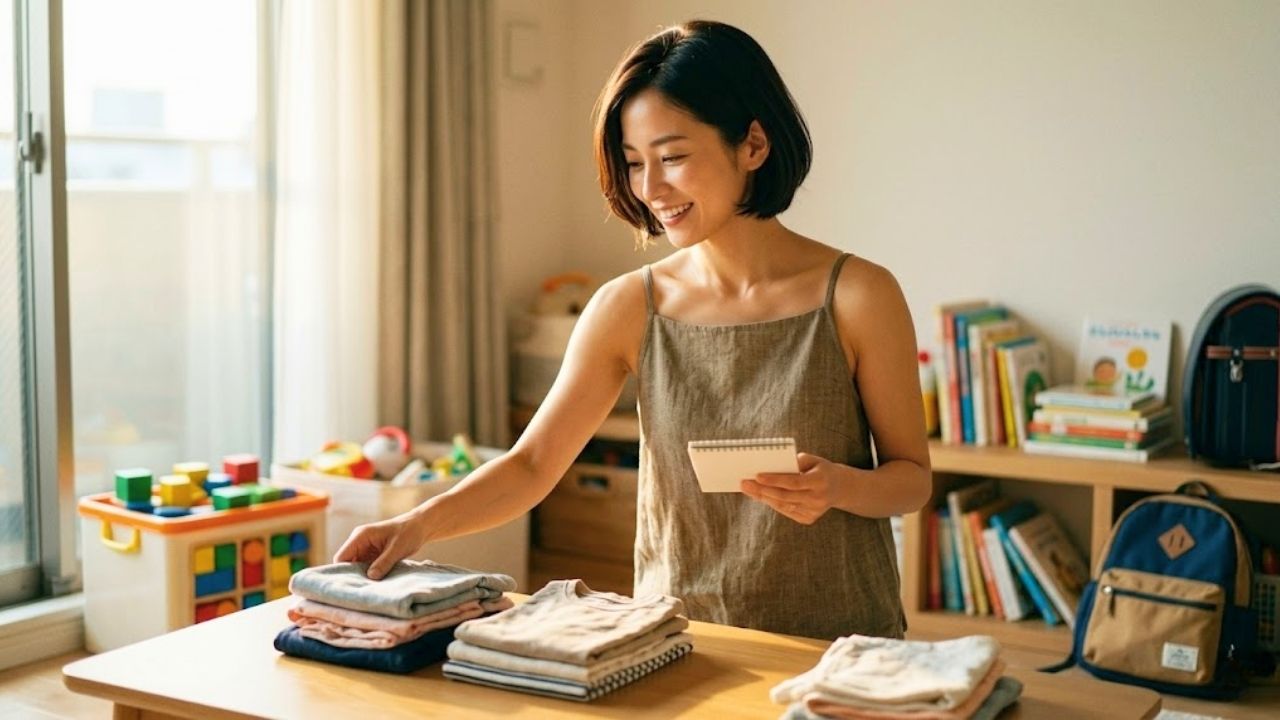 明るい室内で、畳まれた衣類の山に手を添え、ノートを持って微笑むシングルマザー。背景の棚には絵本やおもちゃ、ランドセルが並んでいます。