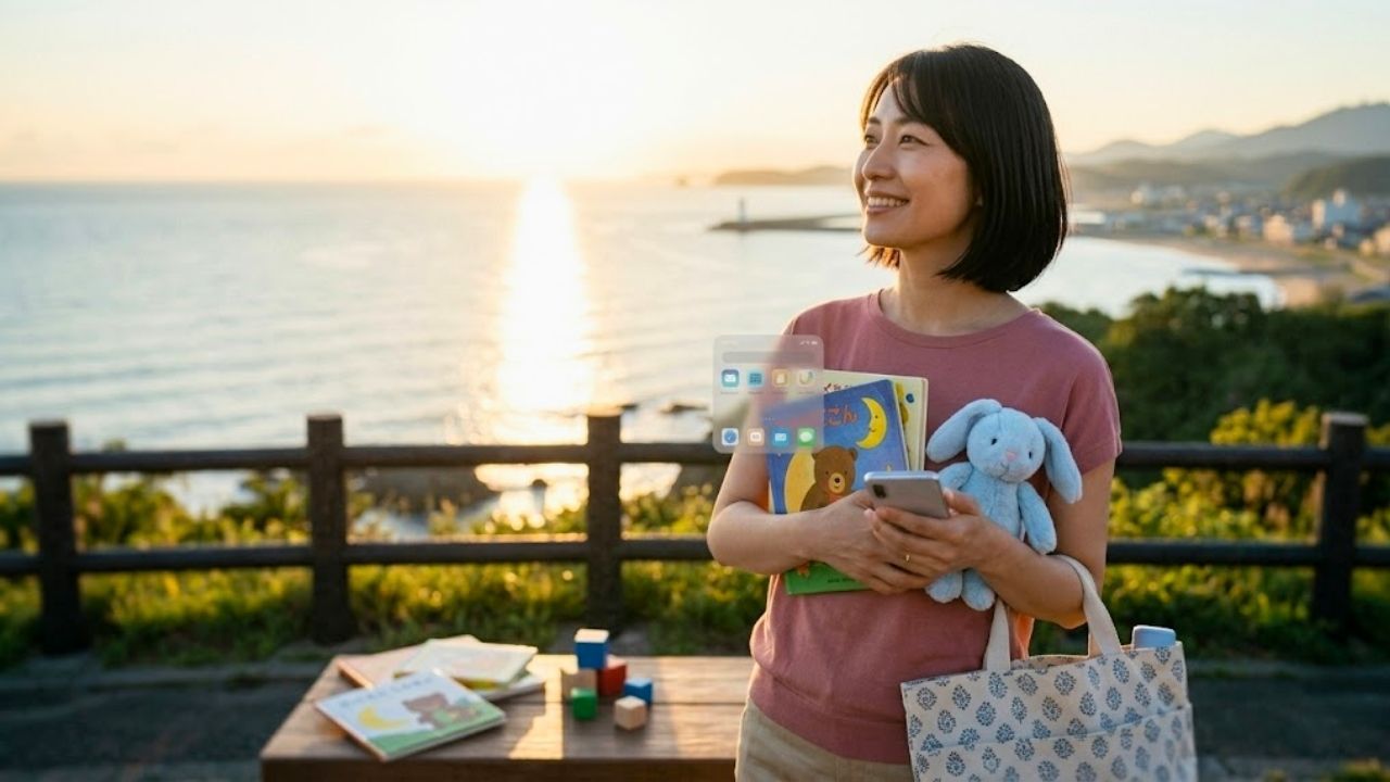 夕暮れの海辺の高台で、笑顔で立つシングルマザー。彼女は水色のウサギのぬいぐるみや絵本、スマートフォンを持っており、彼女の前には拡張現実（AR）ホログラムのようにスマートフォンのホーム画面アイコンが浮かんで表示されている。女性の足元にある木のテーブルには、他の絵本や積み木、トートバッグが置かれている。