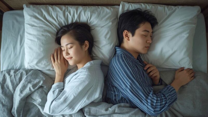 服を着たまま背中合わせで、安らかに眠るシングルマザーと彼氏。セックスレスなしでも安心感と信頼関係があるパートナーシップの様子。