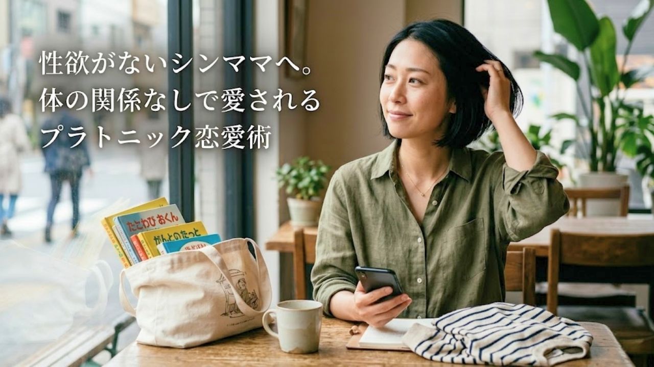 陽の光が降り注ぐカフェの窓際で、シングルマザーがスマートフォンを操作している。テキスト「体の関係なしでも愛される」「性欲がないシンママへ。体の関係なしで愛されるプラトニック恋愛術」。