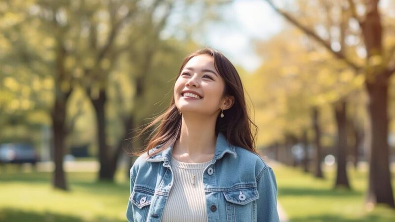 公園を歩きながらリラックスして微笑むシングルマザー。性欲がない自分を否定せず、ありのまま受け入れている前向きな女性の姿。