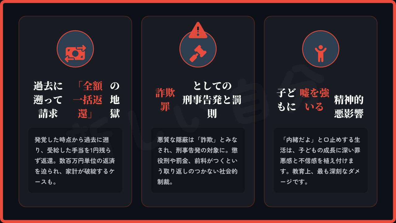 児童扶養手当(母子手当)の不正受給と認定された後に待ち受ける厳しいペナルティの図解。過去に遡って全額を返還しなければならない金銭的ダメージ、詐欺罪としての刑事告発や罰則という法的リスク、そして子どもに嘘を強いる生活が与える教育・精神面への深刻な悪影響の3点について解説したデザイン。