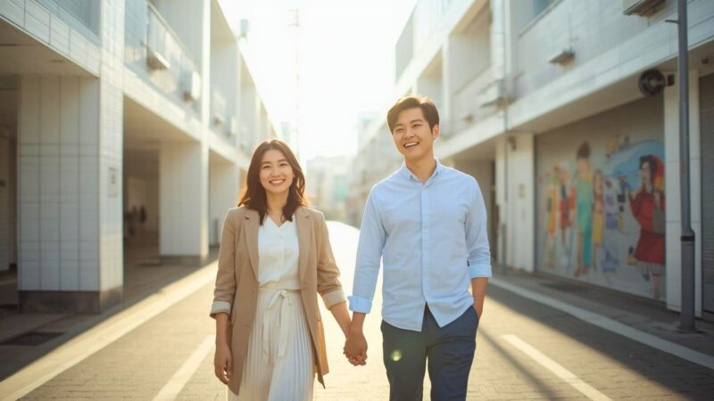 街中を堂々と手をつないで歩くカップルの後ろ姿。隠し事のない明るい未来を表現