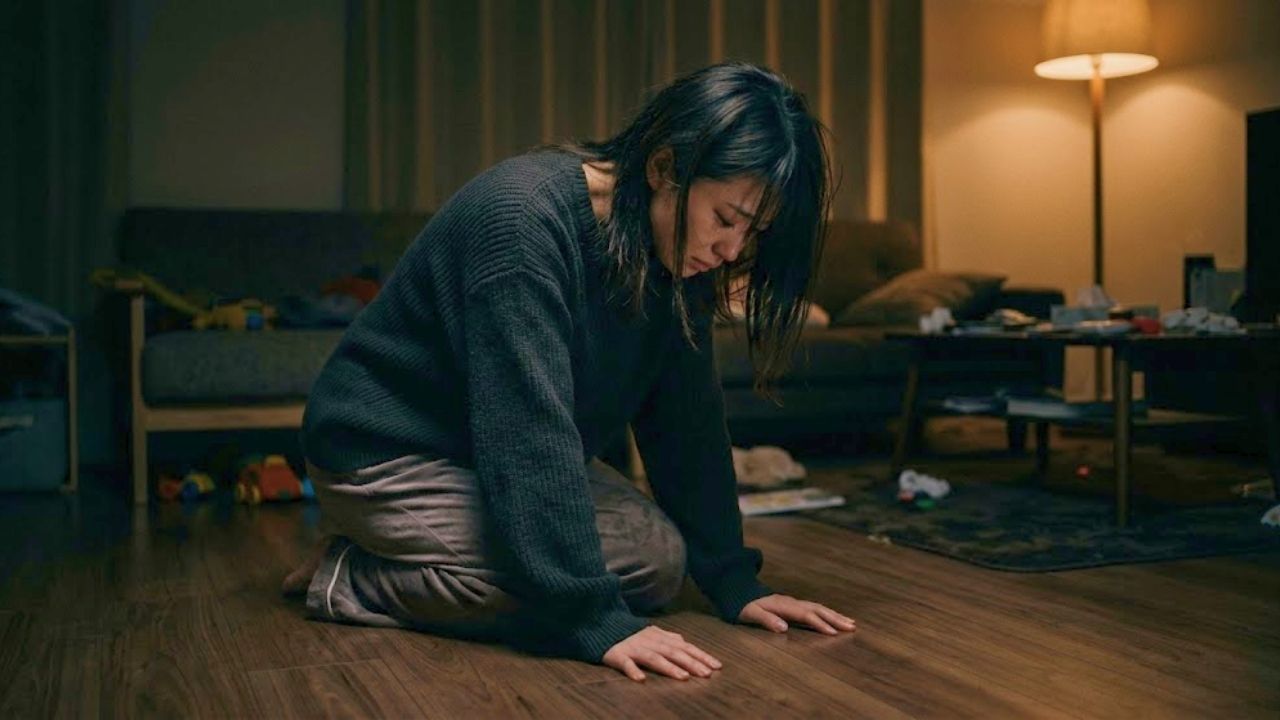 夜の暗いリビングで、既婚者との不倫関係に後悔し、深くうつむくシングルマザー。