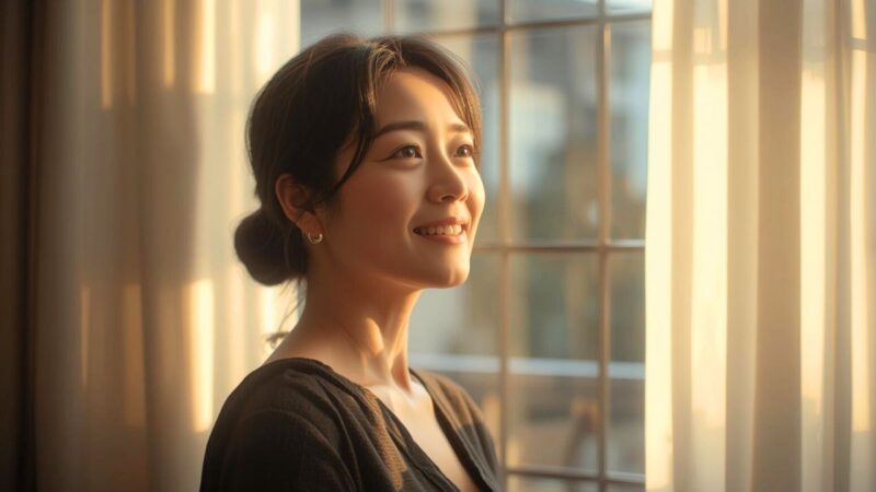 窓のカーテンを少し開けて外の光を取り込み、新しい出会いへの一歩を踏み出す女性
