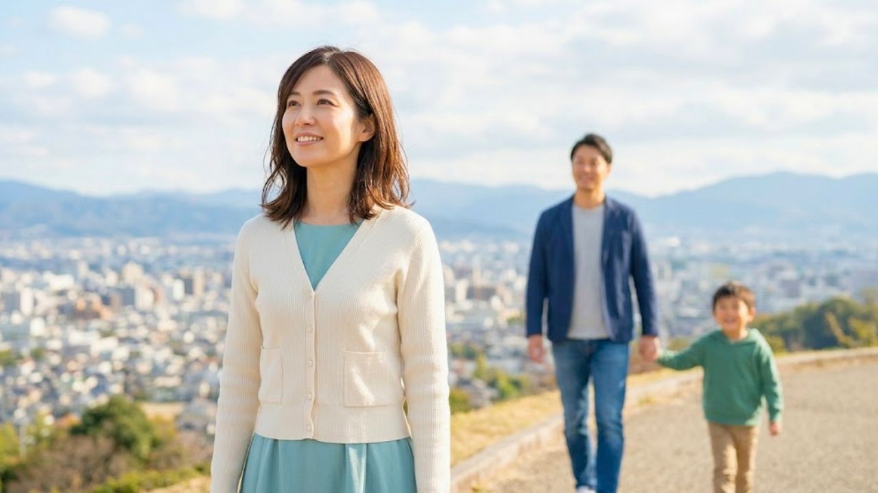 指導福祉手当（母子手当）のルールを気にして悩みながら付き合うのを卒業し、自由に堂々と恋愛することを決めた30代のシングルマザー。後ろには彼氏と息子が手を繋いで暑いている。