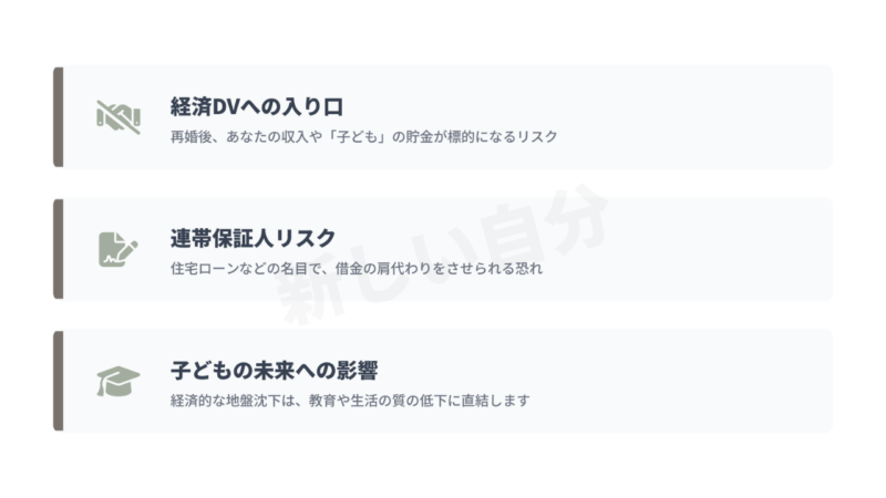 シングルマザーの再婚において借金のある男性が致命的となる3つのリスク解説。経済DVへの発展、連帯保証人による借金の肩代わり、子どもの将来や教育環境への悪影響など、経済的な違和感を無視してはいけない理由。
