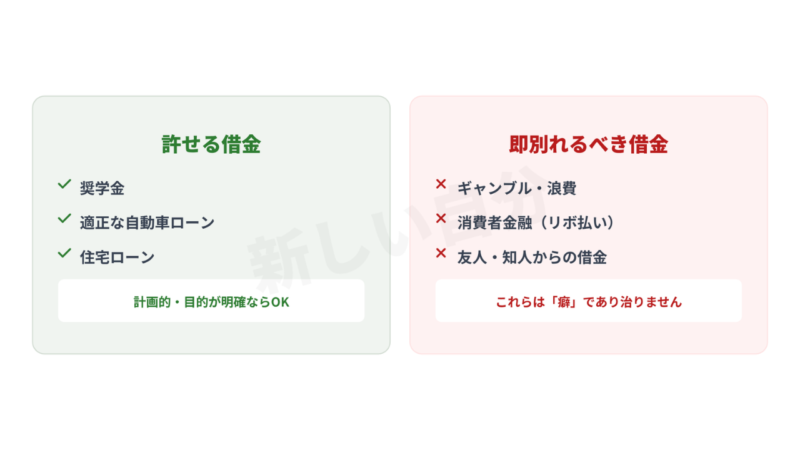 彼氏に借金があった場合の「許せる借金」と「即別れるべき借金」の比較図。奨学金や住宅ローン等の計画的負債と、ギャンブル・浪費・消費者金融（リボ払い）等の依存的な借金癖の違いを明確にした判断基準。
