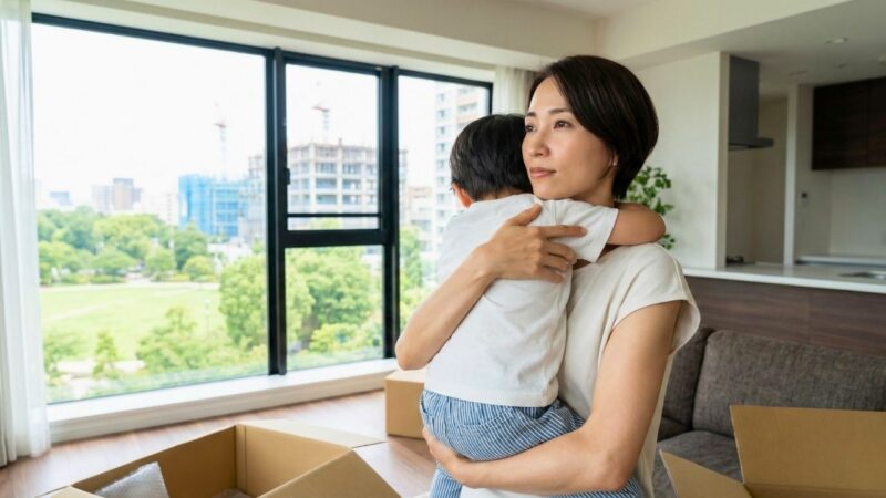 子どもを守るように抱きしめ、決意のこもった晴れやかな表情で前を見据えるシングルマザー。安定した未来を選び取る様子。