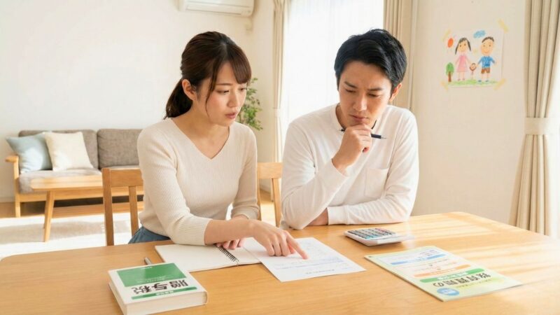 リビングで真剣な表情で話し合うシングルマザーと彼氏。テーブルには「贈与税」と書かれた本、教育費のパンフレット、電卓、ノートが広げられており、女性が書類を指差して確認している。