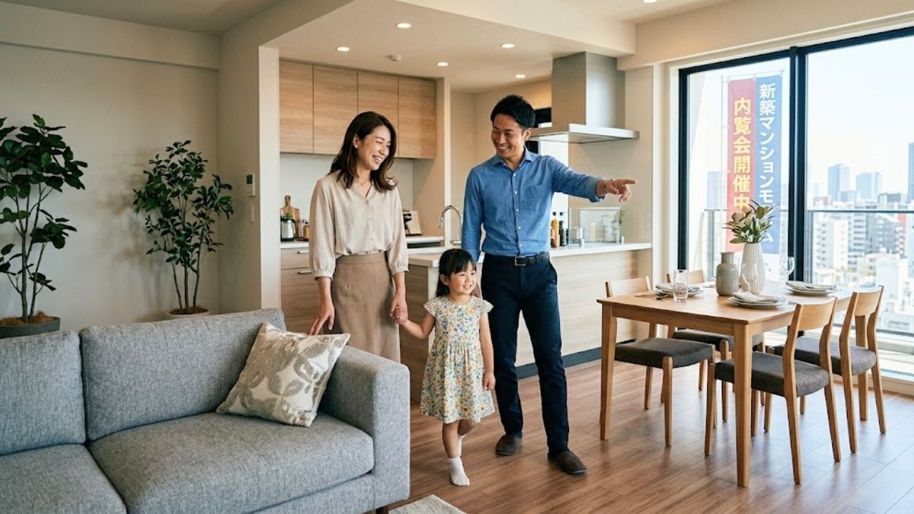 モデルルームを楽しそうに内覧するシングルマザーと子ども、シングルマザーの彼氏。